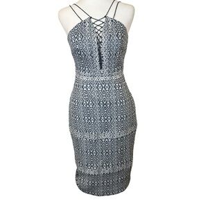 Gianna Bini Tatiana Jacquard Dress XS Navy‎ Blue Tribal Geometric Southwestern